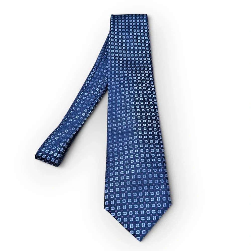Haines & Bonner of London Silk Tie Blue Purple Geometric Floral Handmade 58x3.25